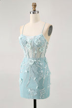 Load image into Gallery viewer, Blue Spaghetti Straps Sequins Corset Homecoming Dress with Flower Appliques
