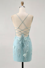 Load image into Gallery viewer, Blue Spaghetti Straps Sequins Corset Homecoming Dress with Flower Appliques
