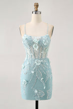 Load image into Gallery viewer, Blue Spaghetti Straps Sequins Corset Homecoming Dress with Flower Appliques
