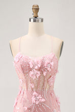 Load image into Gallery viewer, Blue Spaghetti Straps Sequins Corset Homecoming Dress with Flower Appliques
