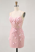 Load image into Gallery viewer, Blue Spaghetti Straps Sequins Corset Homecoming Dress with Flower Appliques
