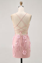 Load image into Gallery viewer, Blue Spaghetti Straps Sequins Corset Homecoming Dress with Flower Appliques
