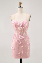 Load image into Gallery viewer, Blue Spaghetti Straps Sequins Corset Homecoming Dress with Flower Appliques

