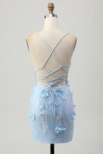 Load image into Gallery viewer, Blue Spaghetti Straps Sequins Corset Homecoming Dress with Flower Appliques
