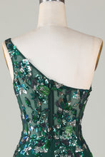 Load image into Gallery viewer, Dark Green One Shoulder Sequins Bodycon Short Homecoming Dress with Feather
