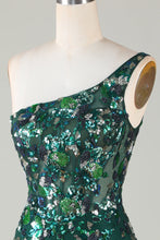 Load image into Gallery viewer, Dark Green One Shoulder Sequins Bodycon Short Homecoming Dress with Feather
