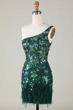 Load image into Gallery viewer, Dark Green One Shoulder Sequins Bodycon Short Homecoming Dress with Feather
