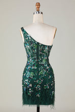 Load image into Gallery viewer, Dark Green One Shoulder Sequins Bodycon Short Homecoming Dress with Feather
