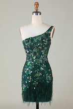 Load image into Gallery viewer, Dark Green One Shoulder Sequins Bodycon Short Homecoming Dress with Feather
