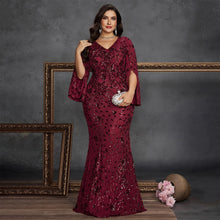 Load image into Gallery viewer, Burgundy Mermaid Plus Size V Neck Mother of the Bride Dress with Sequin Lace
