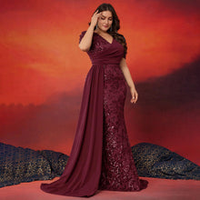 Load image into Gallery viewer, Peacock Mermaid Sequins V Neck Plus Size Mother of the Bride Dress with Streamer
