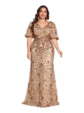 Load image into Gallery viewer, Teal Mermaid Plus Size V Neck Mother of the Bride Dress with Sequin Appliques
