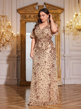 Load image into Gallery viewer, Teal Mermaid Plus Size V Neck Mother of the Bride Dress with Sequin Appliques
