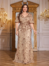 Load image into Gallery viewer, Teal Mermaid Plus Size V Neck Mother of the Bride Dress with Sequin Appliques
