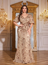 Load image into Gallery viewer, Teal Mermaid Plus Size V Neck Mother of the Bride Dress with Sequin Appliques
