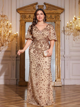 Load image into Gallery viewer, Teal Mermaid Plus Size V Neck Mother of the Bride Dress with Sequin Appliques
