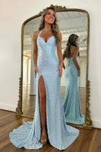 Load image into Gallery viewer, Chic Mermaid Slit Halter Neck Blue Corset Prom Dress with Pearls Split Front
