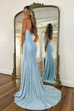 Load image into Gallery viewer, Chic Mermaid Slit Halter Neck Blue Corset Prom Dress with Pearls Split Front
