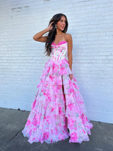 Load image into Gallery viewer, Sweetheart A Line Split Chiffon Long Prom Dresses Floral Print Evening Party Gowns with Ruffle
