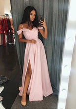Load image into Gallery viewer, Spaghetti Straps Pink Satin Off The Shoulder Prom Dress Long A Line Evening Gown With Slit
