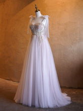 Load image into Gallery viewer, A-line Corset Applique Beaded Tulle Bow Straps Long Prom Dress with sweep train
