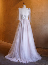 Load image into Gallery viewer, A-line Corset Applique Beaded Tulle Bow Straps Long Prom Dress with sweep train
