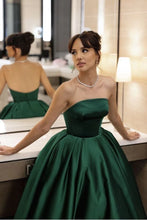 Load image into Gallery viewer, Dark Green Satin Strapless Prom Dresses Long A-Line Evening Party Dress
