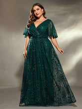 Load image into Gallery viewer, Dark Green V Neck A Line Embroidered Lace Mother of the Bride Dress with Flutter Sleeve
