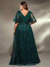 Load image into Gallery viewer, Dark Green V Neck A Line Embroidered Lace Mother of the Bride Dress with Flutter Sleeve
