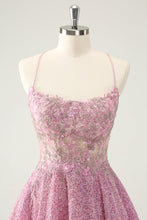 Load image into Gallery viewer, Sparkly Dark Pink A Line Corset Short Homecoming Dress with Beading Appliques
