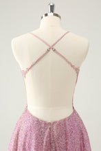 Load image into Gallery viewer, Sparkly Dark Pink A Line Corset Short Homecoming Dress with Beading Appliques
