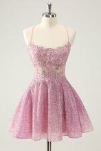 Load image into Gallery viewer, Sparkly Dark Pink A Line Corset Short Homecoming Dress with Beading Appliques
