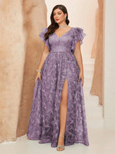 Load image into Gallery viewer, Navy Blue V Neck A Line Ruffled Sleeve Mother of the Bride Dress with High Slit
