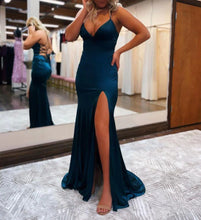 Load image into Gallery viewer, Mermaid V Neck Spaghetti Straps Backless Satin Prom Dress with Slit
