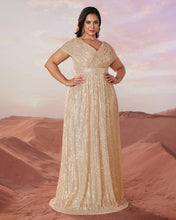 Load image into Gallery viewer, Green Sparkly Sequin V Neck A Line Mother of the Bride Dress with Cap Sleeves
