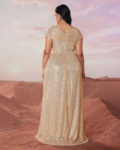 Load image into Gallery viewer, Green Sparkly Sequin V Neck A Line Mother of the Bride Dress with Cap Sleeves
