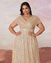 Load image into Gallery viewer, Green Sparkly Sequin V Neck A Line Mother of the Bride Dress with Cap Sleeves
