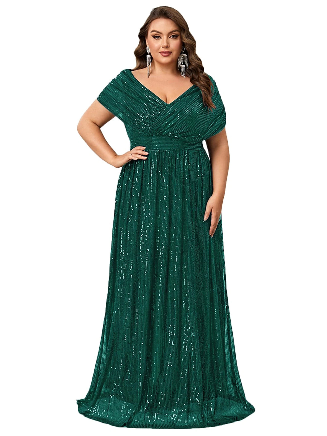 Green Sparkly Sequin V Neck A Line Mother of the Bride Dress with Cap Sleeves