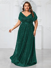 Load image into Gallery viewer, Green Sparkly Sequin V Neck A Line Mother of the Bride Dress with Cap Sleeves
