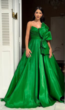 Load image into Gallery viewer, Green Satin A-Line Long Prom Dresses Bowknot Evening Party Dress
