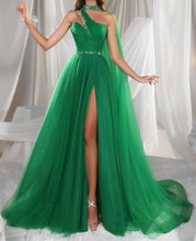 Load image into Gallery viewer, Green Tulle One-Shoulder A-Line Evening Prom Dresses With Slit
