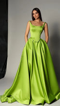 Load image into Gallery viewer, Green Satin A-Line Long Prom Dresses Long Evening Party Gown
