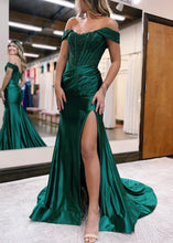 Load image into Gallery viewer, Mermaid Off the Shoulder Lace Satin Prom Dress with Slit
