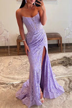 Load image into Gallery viewer, Lavender Strapless Lace Ruched Mermaid Prom Dress with Slit
