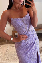 Load image into Gallery viewer, Lavender Strapless Lace Ruched Mermaid Prom Dress with Slit
