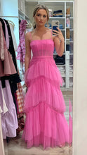 Load image into Gallery viewer, Pink spaghetti straps tulle long A Line prom dress evening dresses ruffles full length dresses
