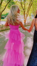 Load image into Gallery viewer, Pink spaghetti straps tulle long A Line prom dress evening dresses ruffles full length dresses
