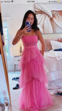 Load image into Gallery viewer, Pink spaghetti straps tulle long A Line prom dress evening dresses ruffles full length dresses
