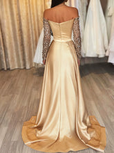 Load image into Gallery viewer, Sheath Off-The-Shoulder Satin Mermaid Prom Dresses With Split Side Sequins
