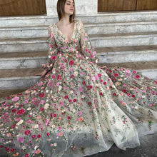 Load image into Gallery viewer, A-Line V-Neck Long Sleeves Floral Formal Prom Dresses With Flowers
